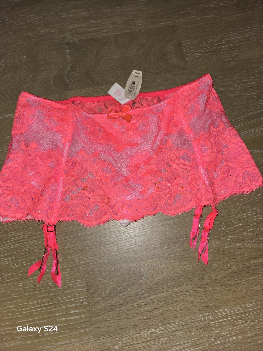 Victoria's Secret Neon Pink Lace Garter Belt Thong Sz S New